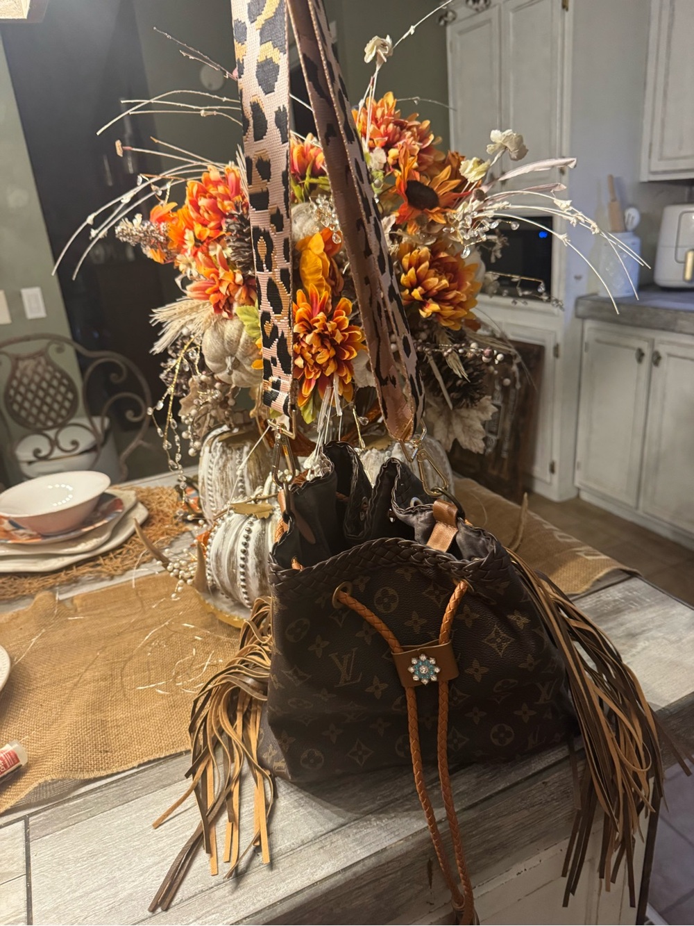 Designer-Inspired Brown Monogram Fringe Bucket Bag